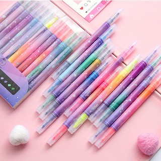Bộ 12 bút dạ quang hai đầu galaxy đẹp mắt, đa dạng, bút đánh dấu ghi chú 2 đầu cho học sinh