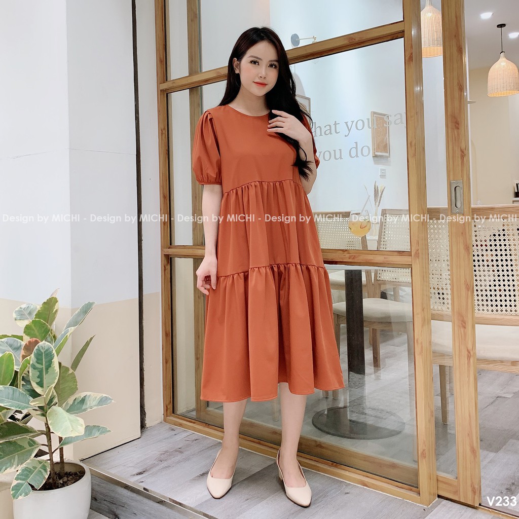 Váy babydoll 3 tầng, cổ nơ, đầm xuông rộng, váy suông freesize, nhiều màu, mã V233 - Michi's House