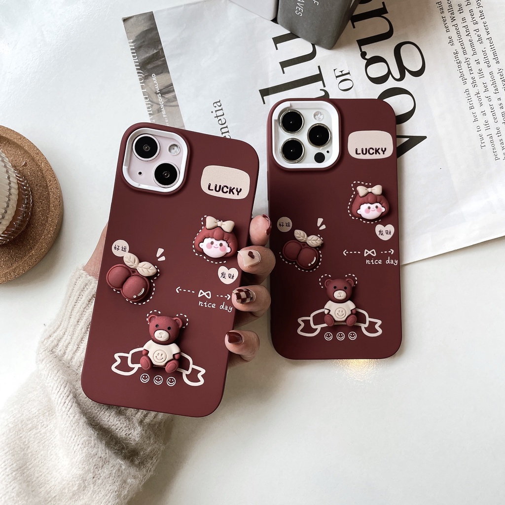 Ốp TPU đỏ tách viền cam gắn charm nổi bé gái Cherry ip 7plus/8plus/X/Xs/Xsmax/11/11promax/12/12pro/12promax/13/13promax