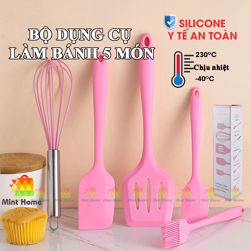 Bộ dụng cụ làm bánh 5 món silicon, nấu ăn, trà sữa, chè gồm chổi, spatula trộn bột, đánh trứng, xẻng silicone chịu nhiệt