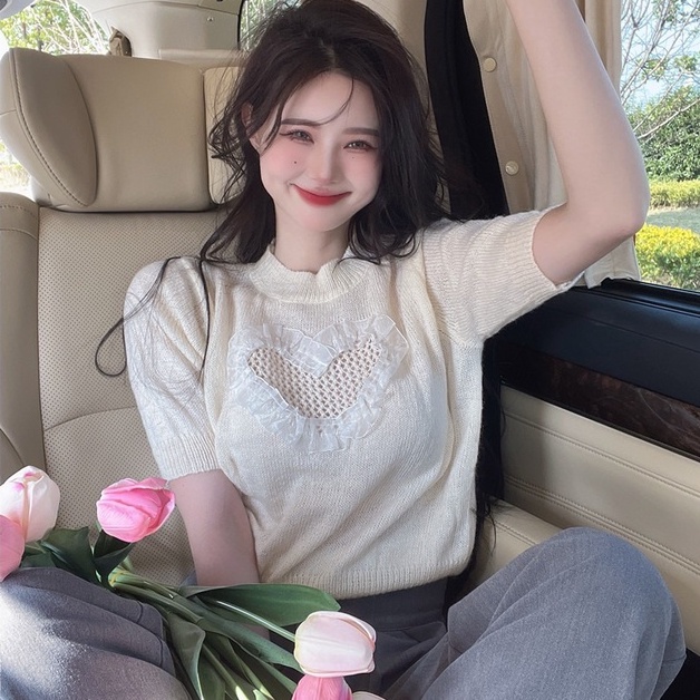 Áo dệt kim ZHELIHANGFEI tay ngắn dáng rộng thêu hình trái tim thiết kế khoét rỗng dành cho nữ