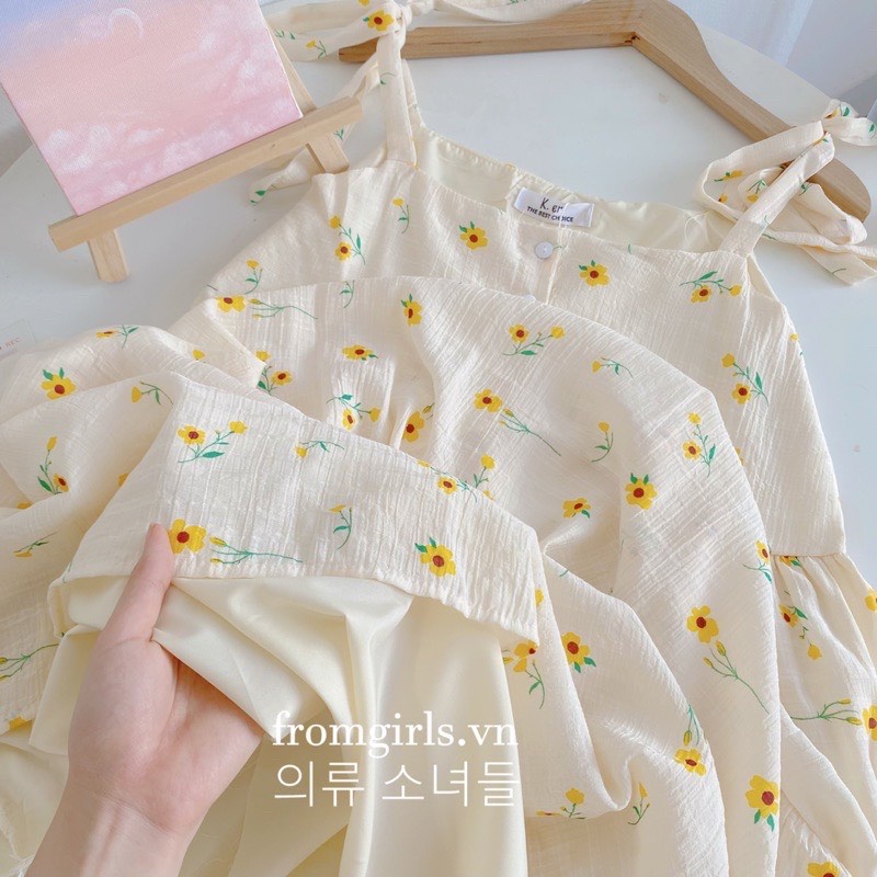 Váy Hai Đây Hoa Nhí Dáng Dài 2 Lớp Chất Đũi, Váy Babydoll Hoa Nhí Đi Biển