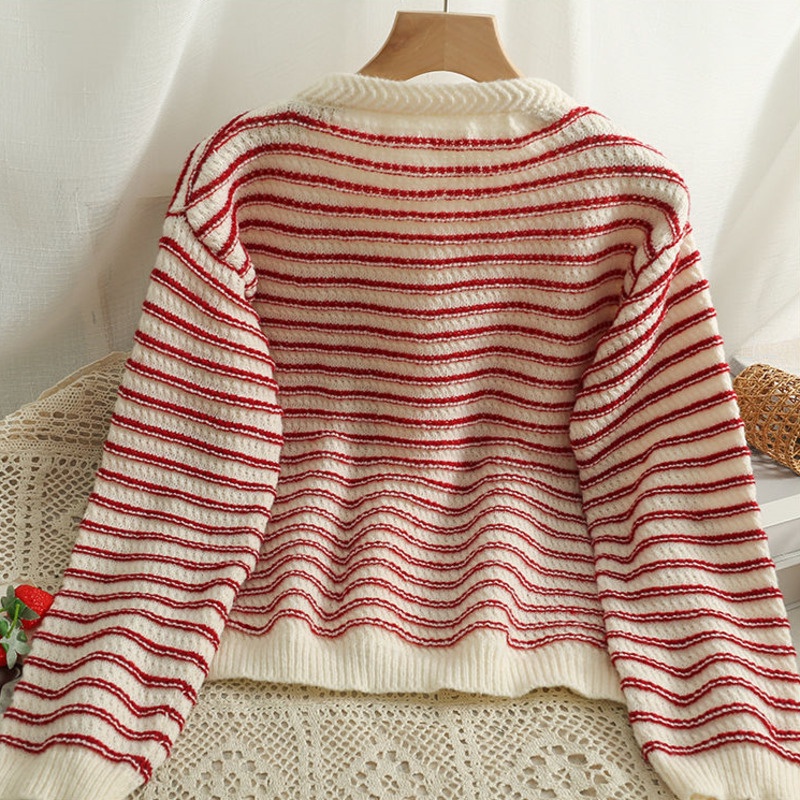 Áo Khoác Sweater Dệt Kim Mỏng Một Hàng Nút Cài Cổ Tròn Tay Dài Kẻ Sọc Thời Trang Mùa Thu Mới Cho Nữ