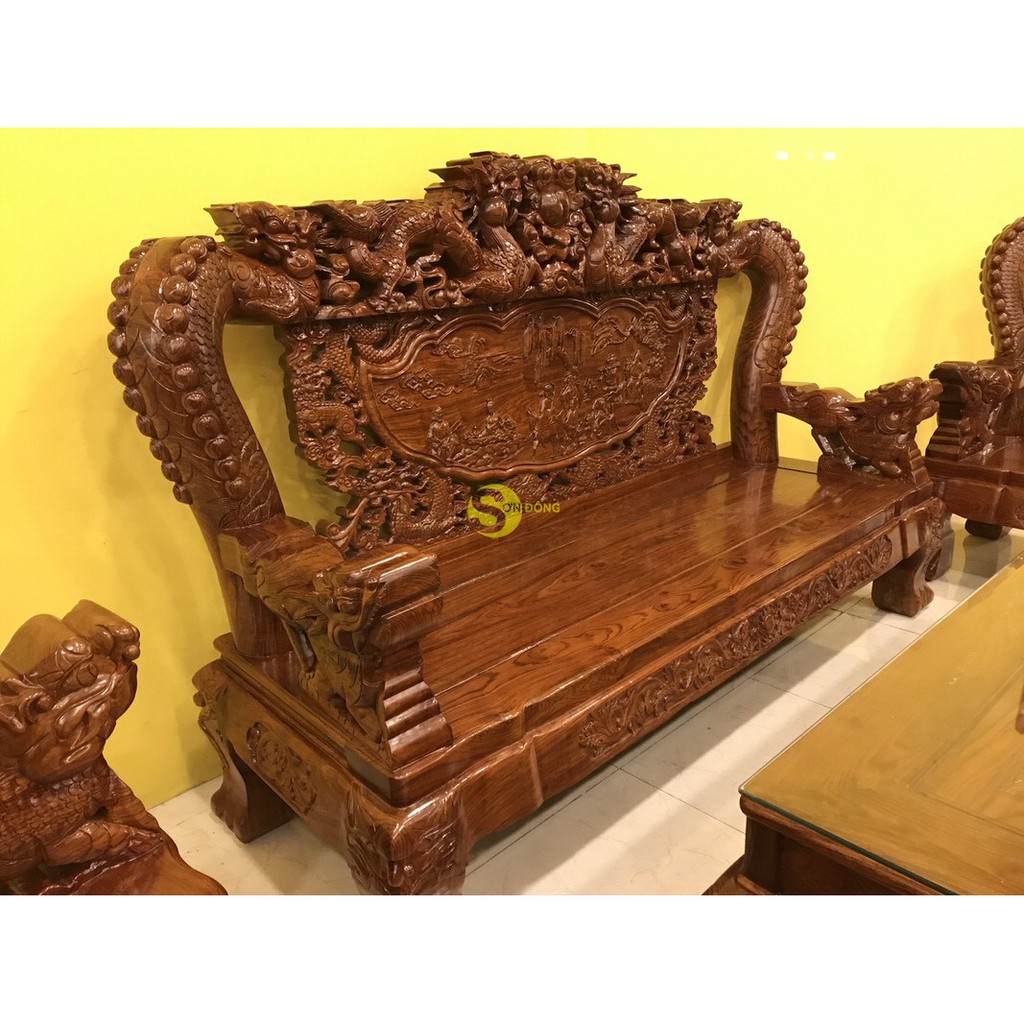 Bộ bàn ghế chạm rồng cột đục nổi gỗ hương tay 16 10 món