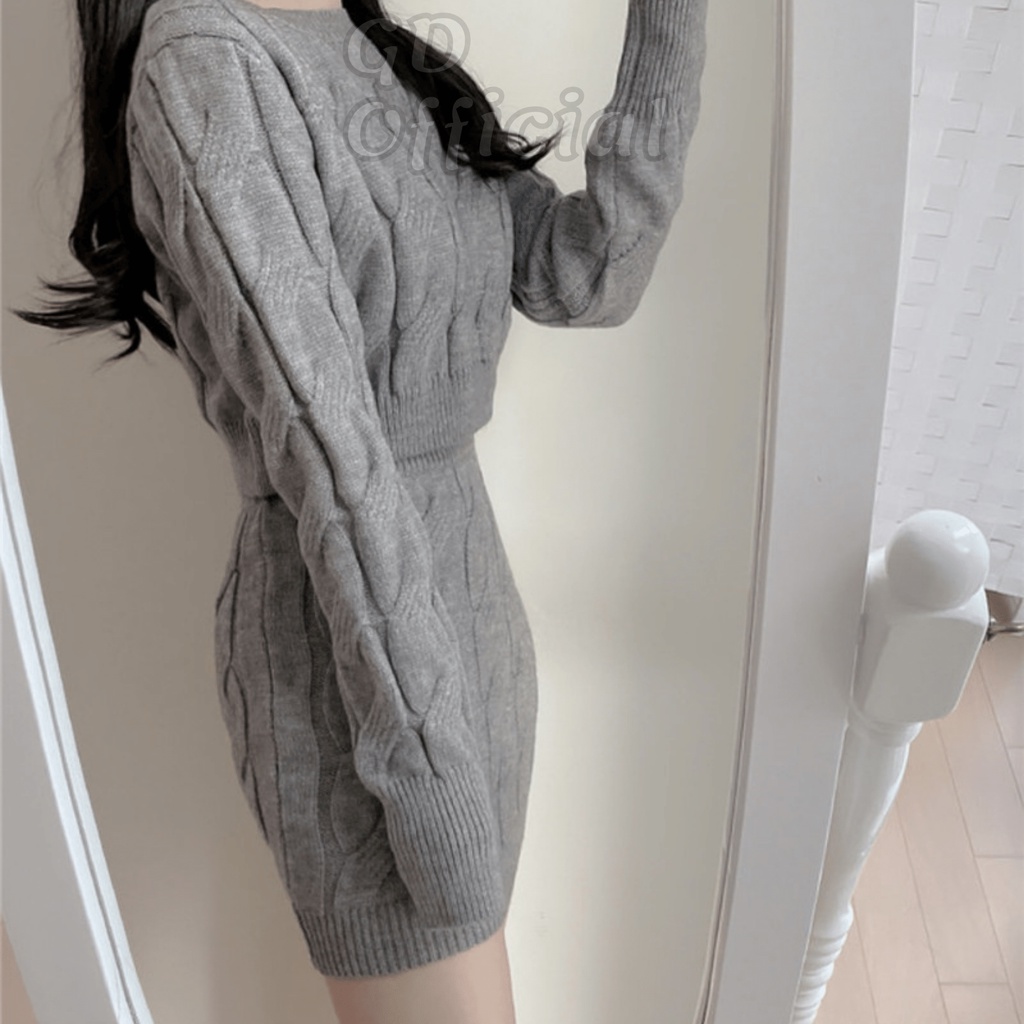 L77|Áo len croptop dệt kim dáng ngắn dài tay cho nữ, váy ôm body vặn thừng cạp lưng cao màu trắng, xám GD Official