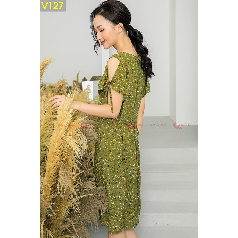 Váy Lanh khoét vai tay nơ Mã V1