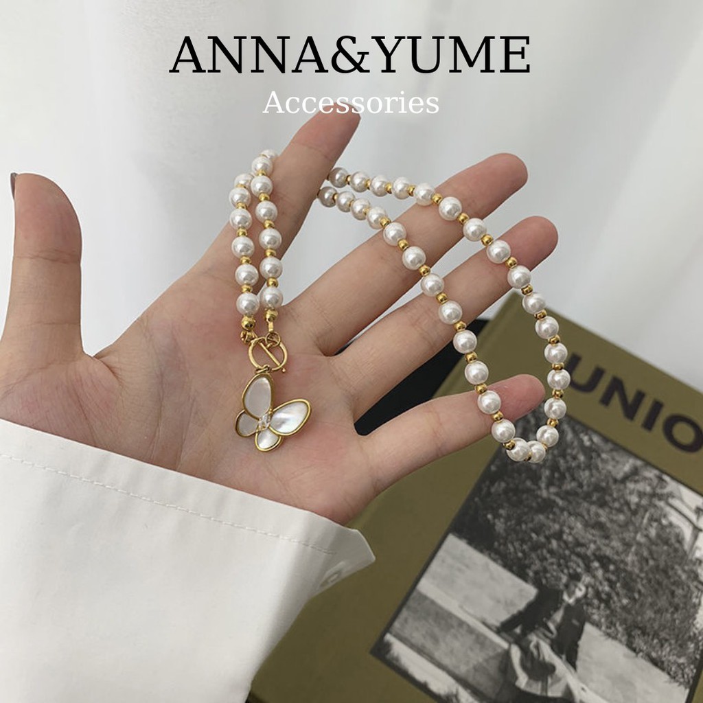 Dây chuyền ngọc trai nhân tạo hình bướm phong cách Retro Pháp, Vòng cổ ngọc trai hình bướm