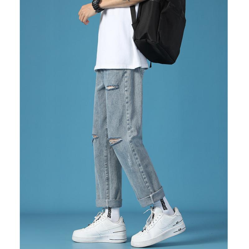 Quần Jean Baggy Nam Dáng Dài Form Suông Ống Rộng Chất Liệu Vải Jean Bò Xanh Rách 2 Gối R3 Gen Z Store HN | BigBuy360 - bigbuy360.vn