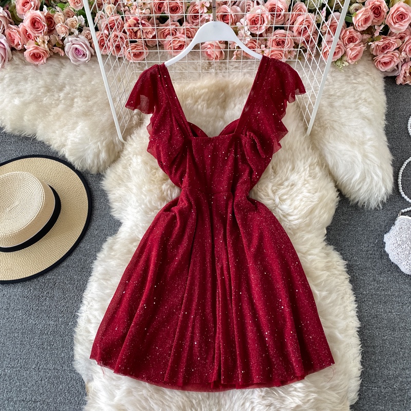 🌸Hàng Order🌸 Váy Đầm Dáng Xòe Tay Cánh Tiên Lấp Lánh Tiệc Cưới Trẻ Trung Nữ Tính 🌸Hàng Quảng Châu