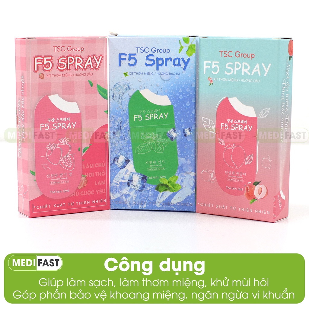 Xịt thơm miệng F5 Spray vị đào, dâu - Lọ 12ml thơm mát, làm sạch hơi thở, vệ sinh răng miệng - chiết xuất từ thảo dược