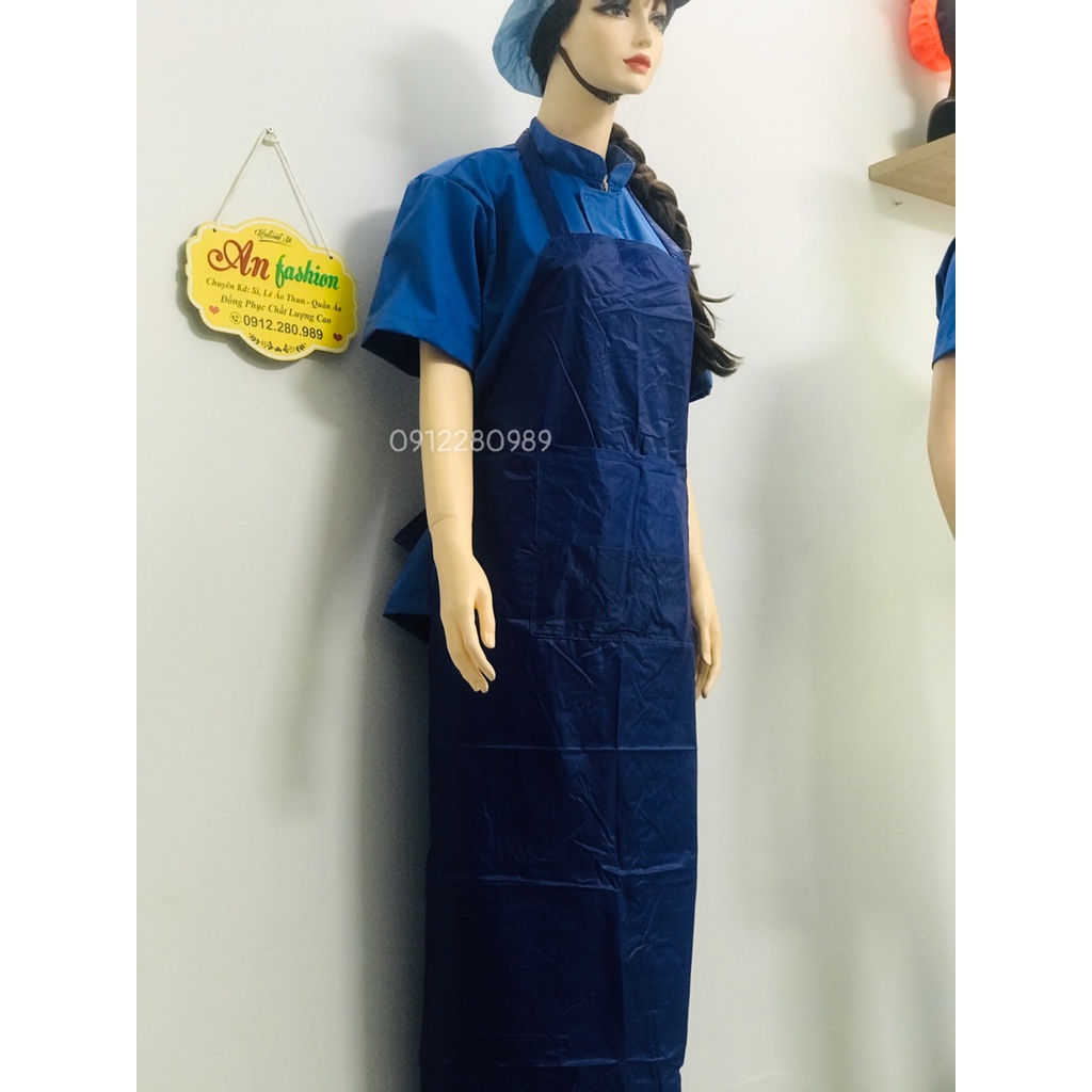 Tạp dề yếm chống thấm nước màu xanh dương dài 1m2 có túi, Tạp dề thủy sản _ Hình chụp thật
