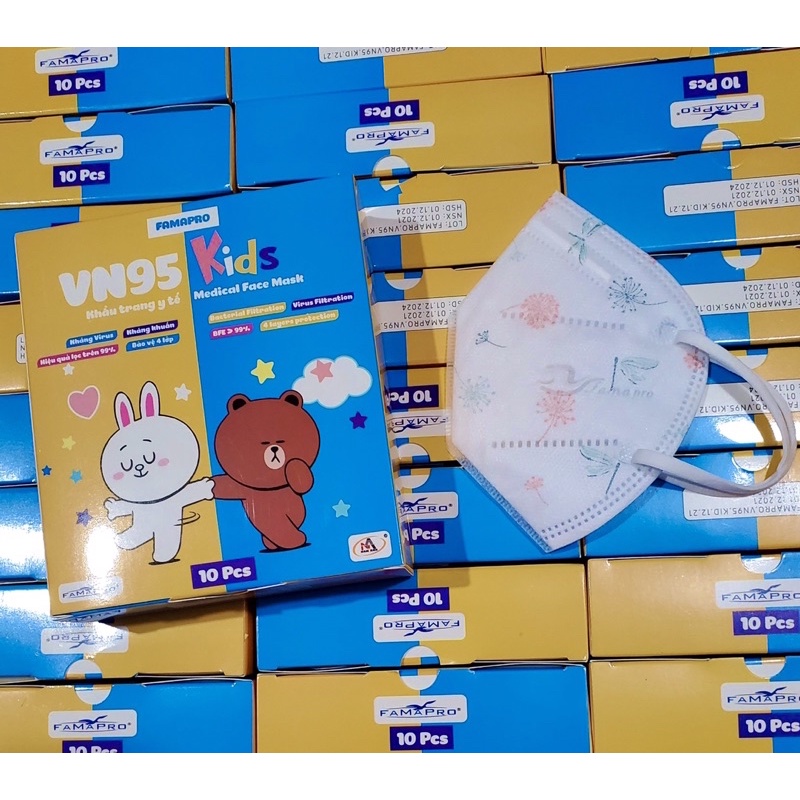 ✅[ Hộp 10 cái ] Khẩu trang y tế cho bé VN95 Famapro Nam Anh chính hãng họa tiết Hoa đỏ xanh