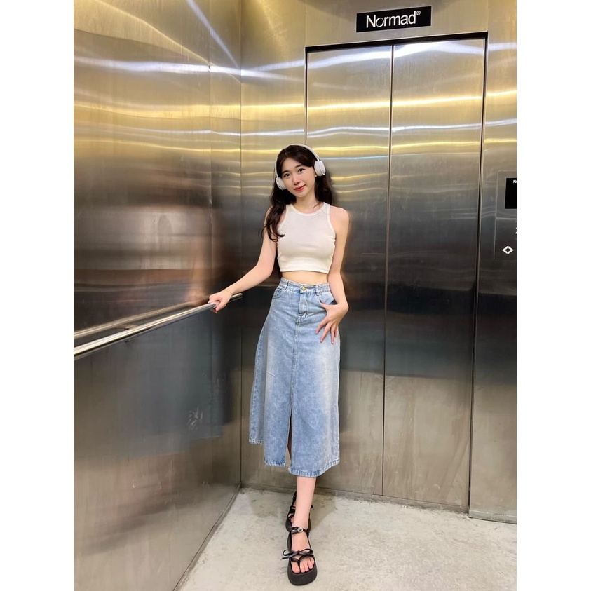 Chân Váy Bò Dáng Dài Cạp Cao Phong Cách Hàn Quốc - Chân Váy Jean Chữ A Xẻ Tà Trước Cá Tính
