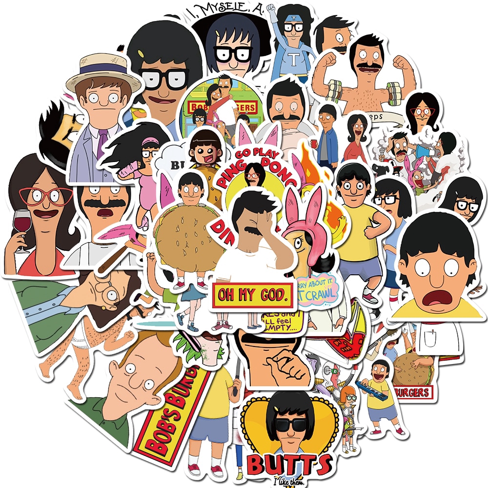 Set 50 miếng sticker chương trình hoạt hình Bob's Burgers dán trang trí vali/laptop/ván trượt/đàn guitar