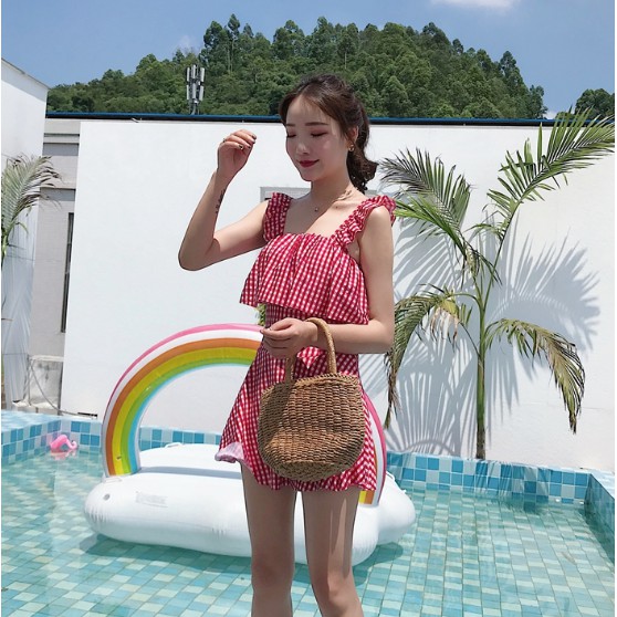 Có sẵn set đồ bơi liền thân kẻ caro vải đẹp | BigBuy360 - bigbuy360.vn