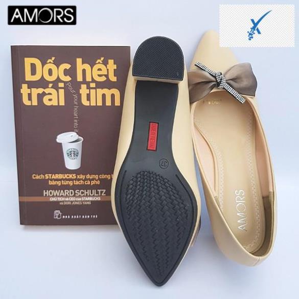 Giày búp bê cao gót đế vuông mũi nhọn da mềm cao 5cm có nơ voan dây đính đá AMORS G002