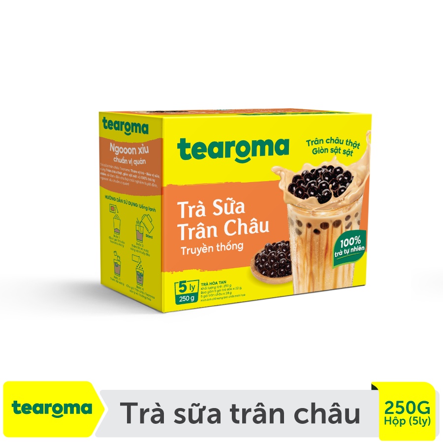 Trà sữa trân châu Tearoma truyền thống (Hộp 5 ly/ 250g, 5 gói trà sữa x 22g, 5 gói trân châu x 28 g)