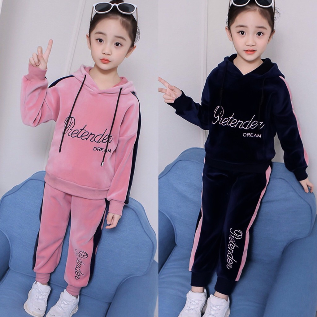 Bộ quần áo nỉ da cá thu đông &quot;DREAM&quot; 18-45kg cho bé gái 4-14 tuổi. Hoodie phối mũ xinh xắn. G33
