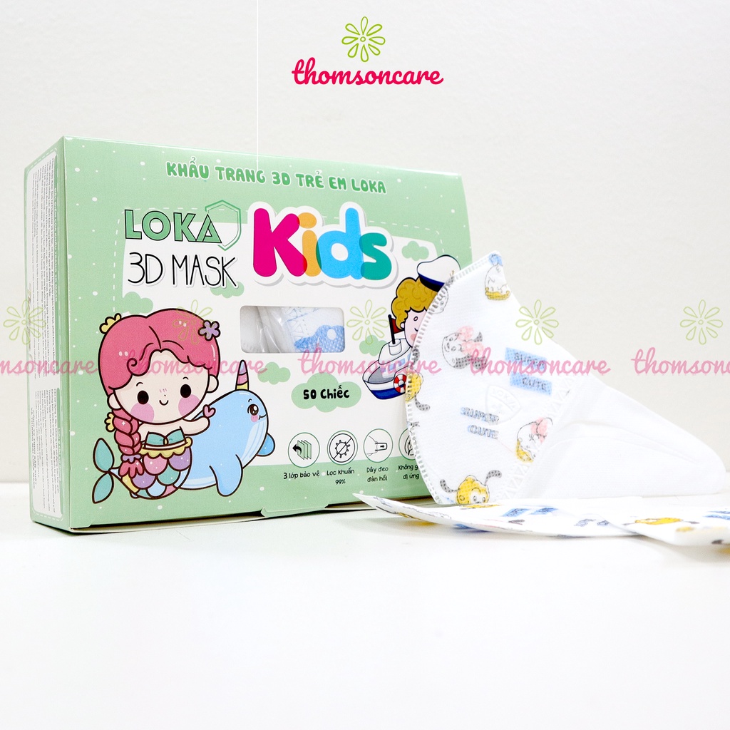 Khẩu trang cho bé kháng khuẩn, ngăn bụi mịn 3D Kid Mask Loka hoạ tiết dùng được cho trẻ trên 3 tuổi - Hộp 50 chiếc
