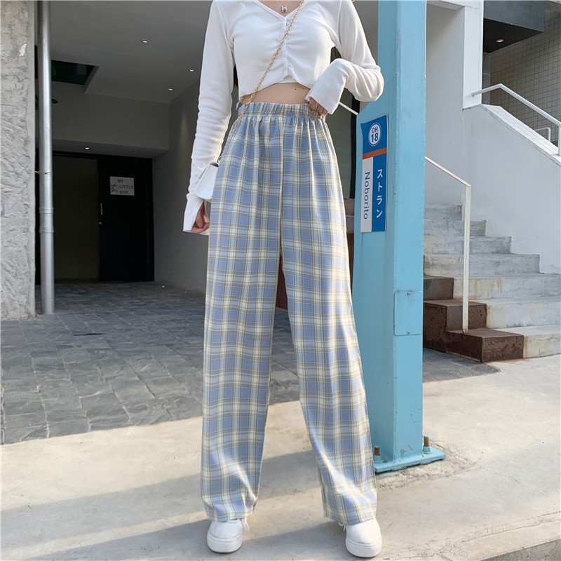 Quần dài RENJIANVSHENG lưng thun họa tiết caro kiểu dáng thời trang nữ tính