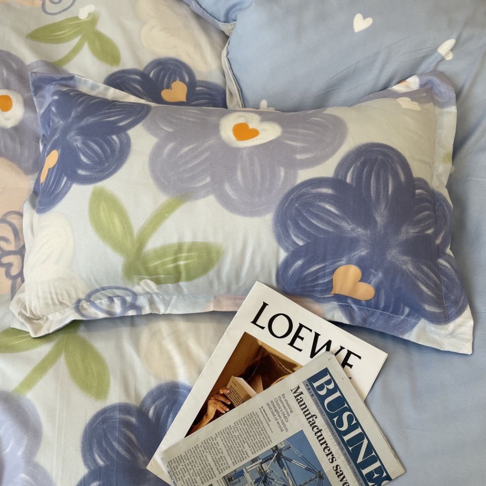 Bộ chăn ga gối cotton poly phong cách dễ thương - Mẫu hoa sáp xanh Drap Giường Đủ Kích Thước Trải Nệm 1m, 1m2, 1m4, 1m6,