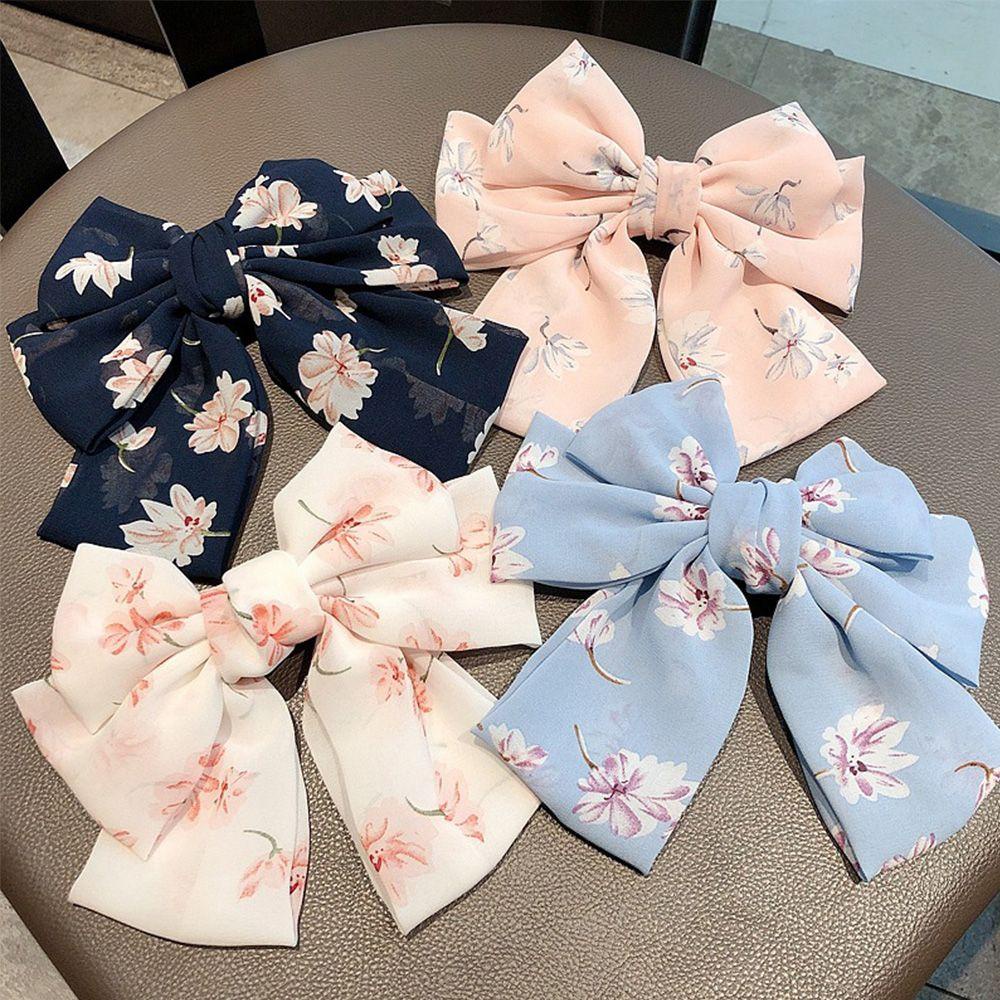 Kẹp Tóc Nơ Vải Chiffon Họa Tiết Hoa Lấp Lánh Thời Trang Cho Nữ