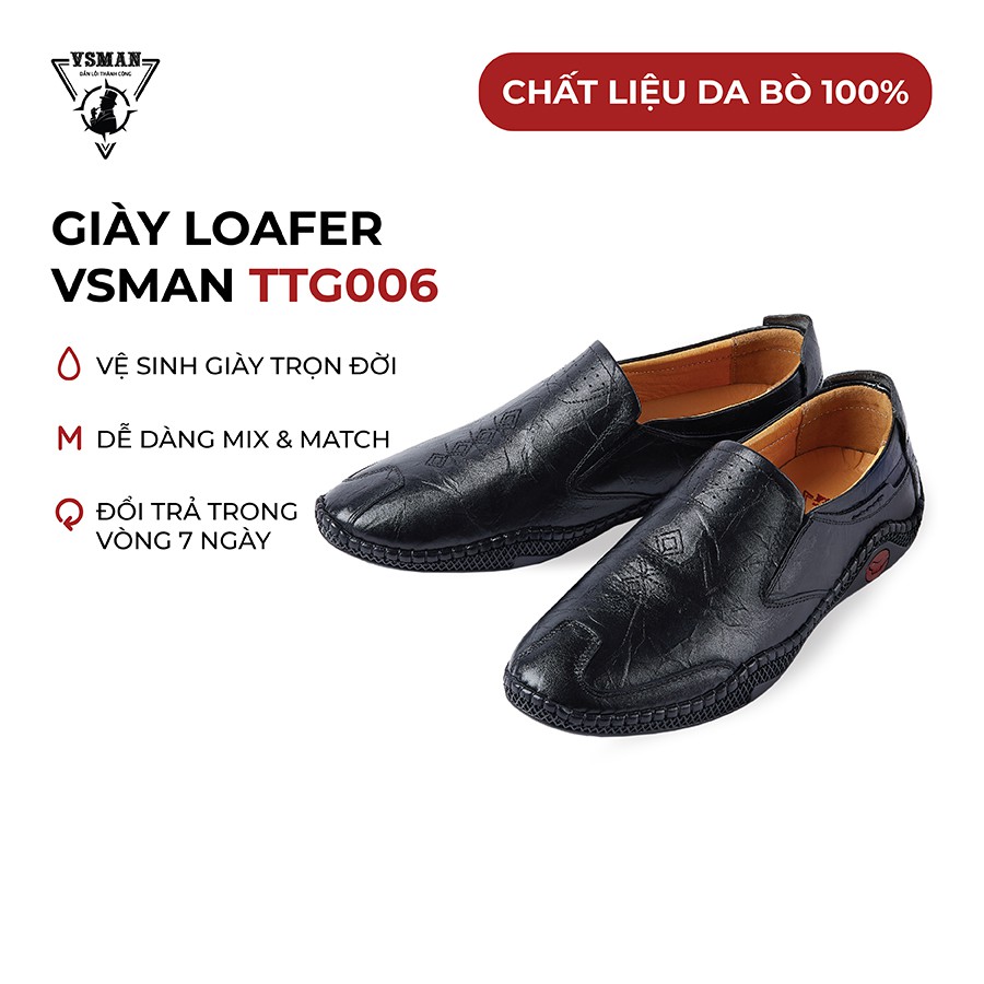 Giày lười nam da bò thật Loafer dập vân hoa văn VSMAN giày mọi nam công sở đế đúc siêu bền hợp gu thời trang - TTG006