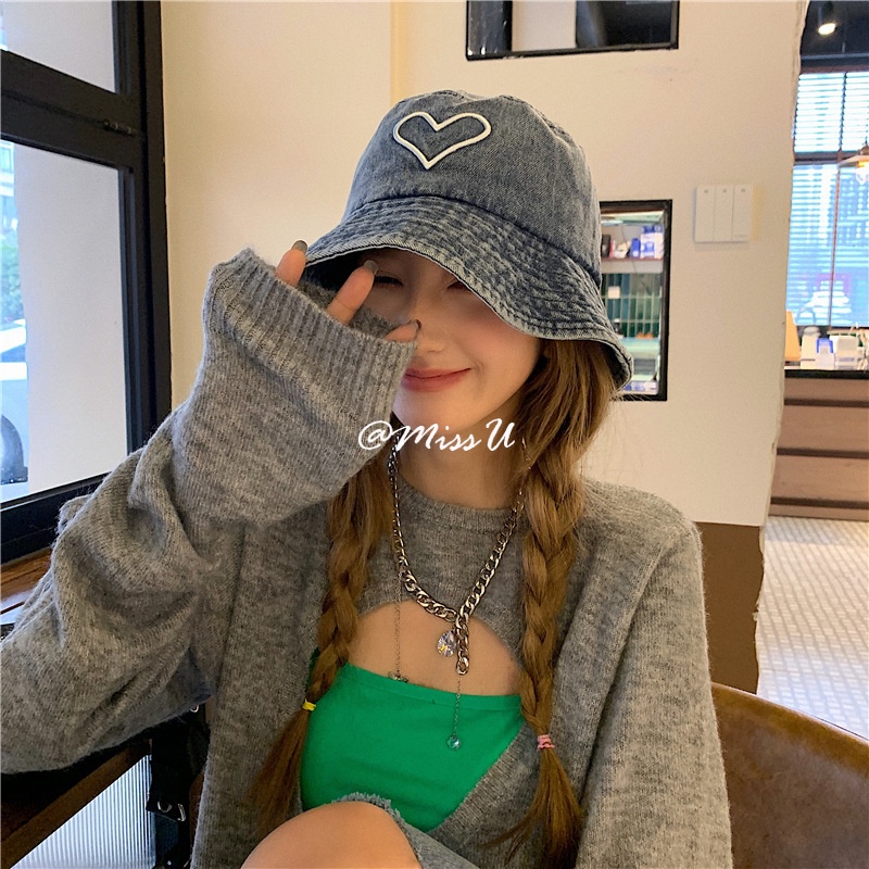 Mũ Tai Bèo Vải Denim Màu Đen Họa Tiết Trái Tim Chống Nắng Thời Trang Cho Nữ