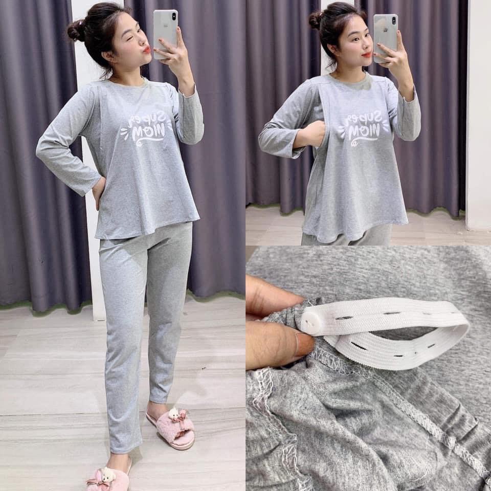 Đồ Bộ bầu và cho con bú sau sinh dài tay Super Mom, chất cotton Cao Cấp cho mẹ bầu mặc nhà BD902