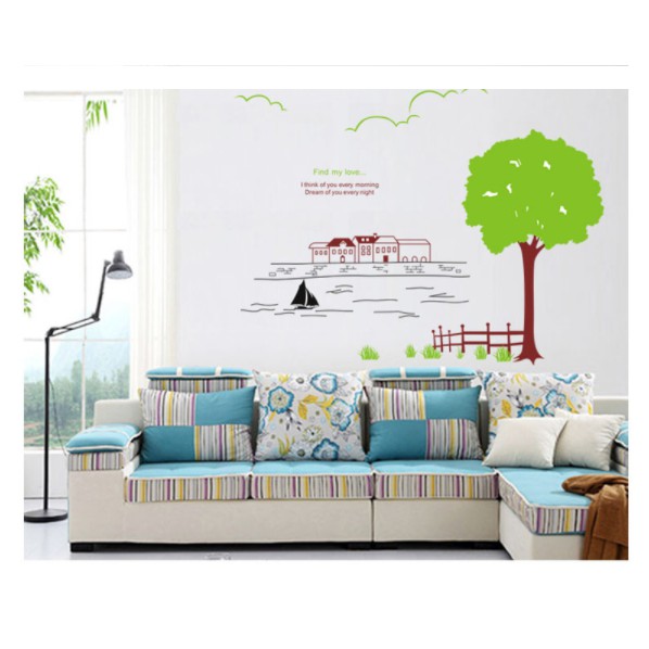 Decal trang trí cây xanh lớn và dòng sông mẫu mới