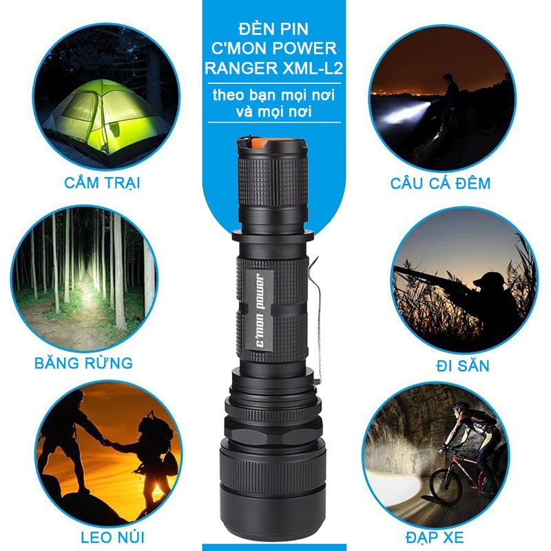 Bộ 1 đèn pin siêu sáng C'mon Power RANGER XML-L2 LED 10W + 1 pin 18650 + 1 sạc USB (VÀNG) | BigBuy360 - bigbuy360.vn