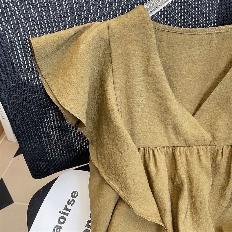 Áo Sơ Mi Cổ Chữ V Tay Lửng Phong Cách Hàn Quốc Ngọt Ngào Dành Cho Nữ