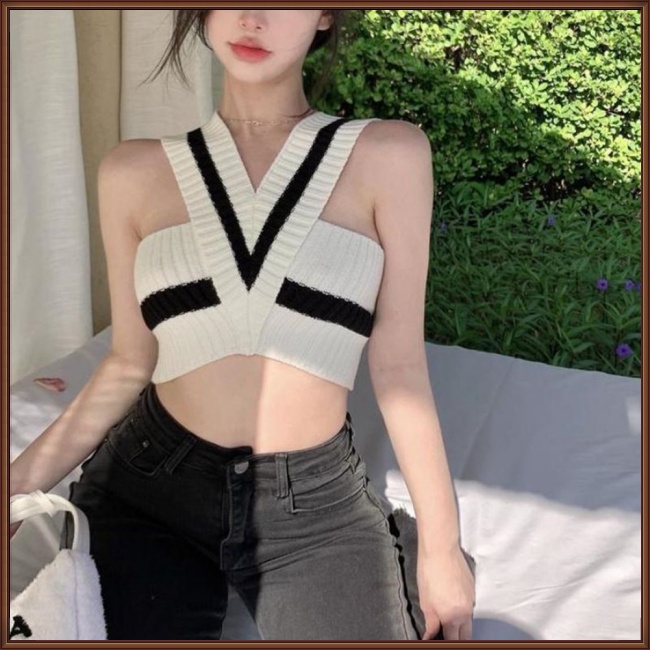 Áo Croptop Dệt Kim Sát Nách Cổ Chữ V Họa Tiết Kẻ Sọc Thời Trang Mùa Hè Cho Nữ
