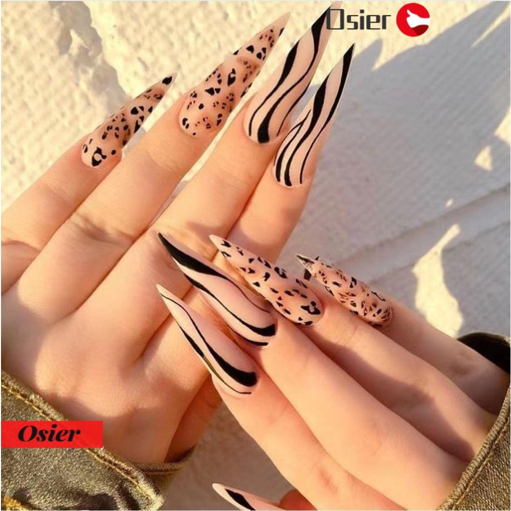 Osier✿ Hộp 24 Móng Tay Giả Hình Hoa Mận Có Thể Tháo Rời Che Phủ Toàn Diện