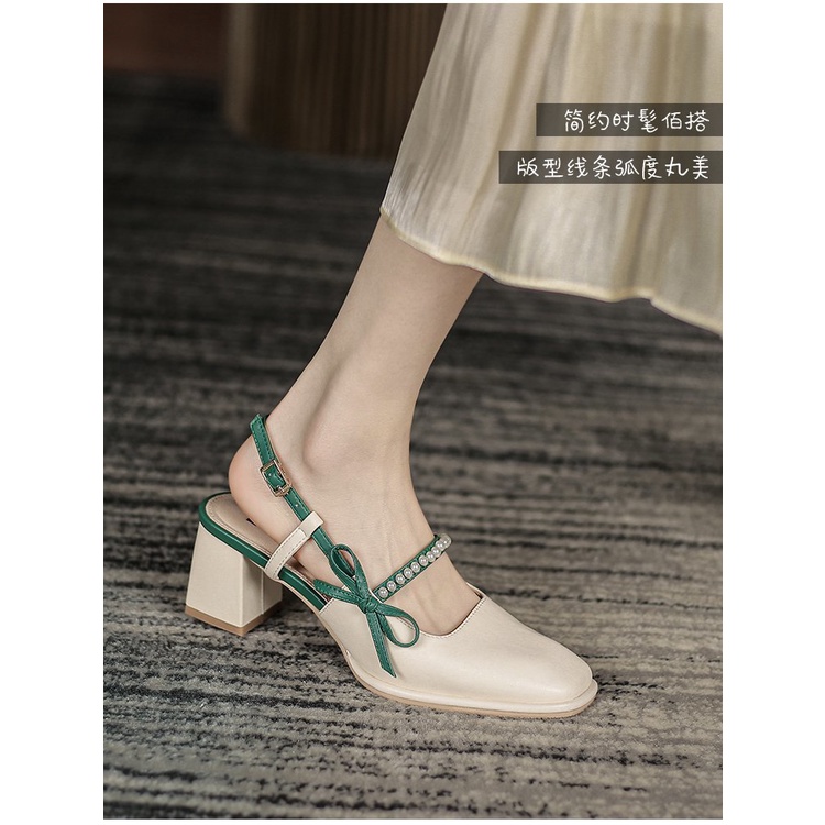 Giày Sandal Cao Gót Mũi Vuông Đính Nơ Và Ngọc Trai Thời Trang Dành Cho Nữ Có Size Lớn 35-42 / 41 / 42