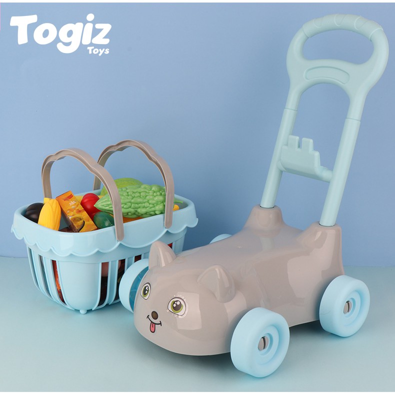 Bộ đồ chơi xe đẩy giỏ hàng mua sắm hình mèo xinh và mô hình rau quả 24 chi tiết cho bé