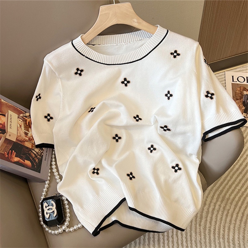 Áo sweater ZHELIHANGFEI cổ tròn tay ngắn thêu hoa màu tương phản phong cách Pháp ngọt ngào dành cho nữ