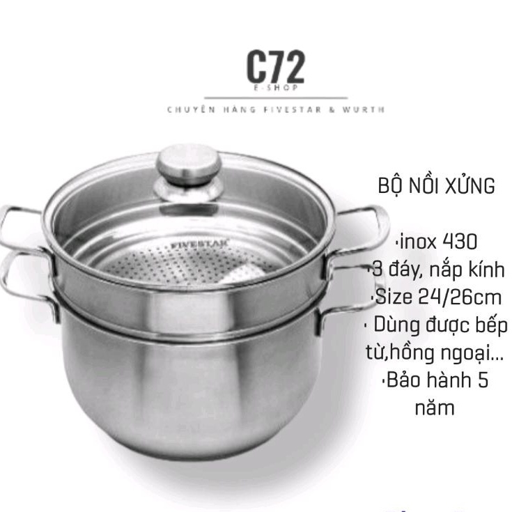 Bộ nồi xửng 3 đáy nắp kính bếp từ Fivestar ST24(26)-3DG