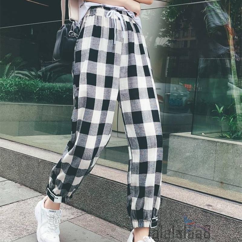 LAA8-Female Trousers, Women’ s Plaid High Waist Long Harem Pants with Drawstring for Spring Summer, S/M/L/XL/XXL