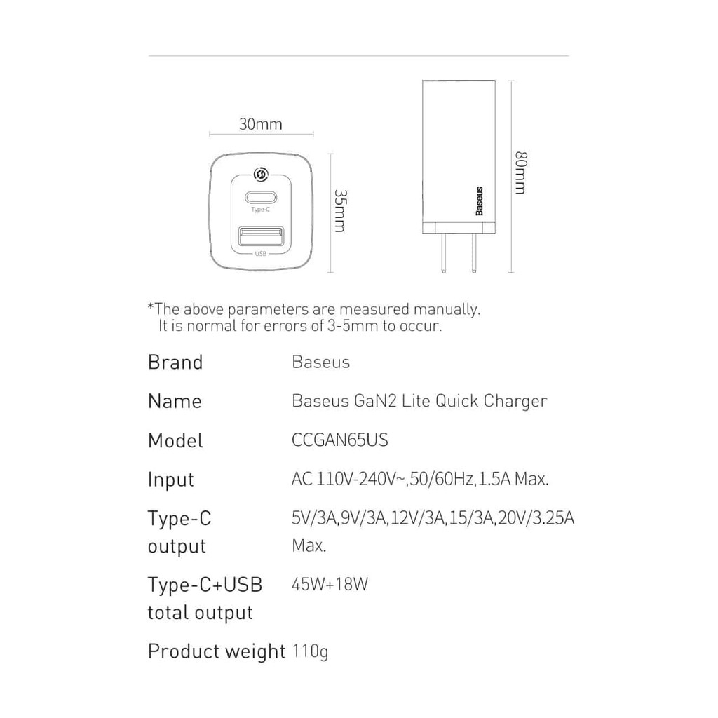 Sạc nhanh Baseus Gan Pro Quick Charger 65W lite 2 cổng Type C + USB cho Smartphone/ Tablet/ iPad/ Macbook/ Laptop