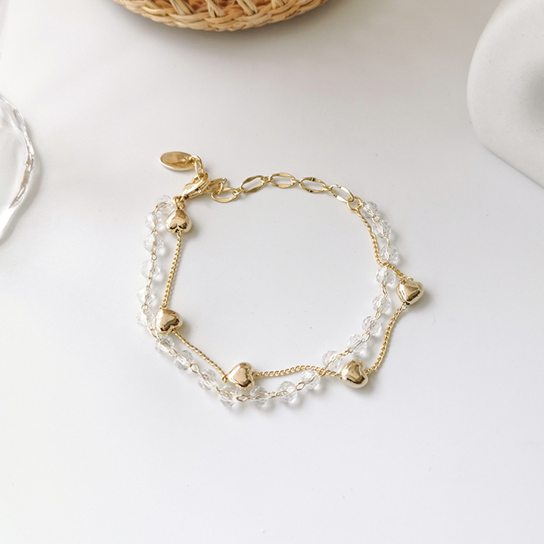 XiaoboACC Korea Fashion Crystal Love Double Layer Splicing Chain Bracelet