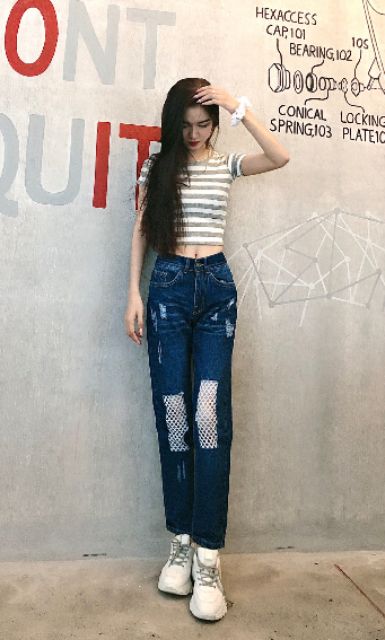 Quần baggy jeans rách gối vá lưới tomboy bụi bặm