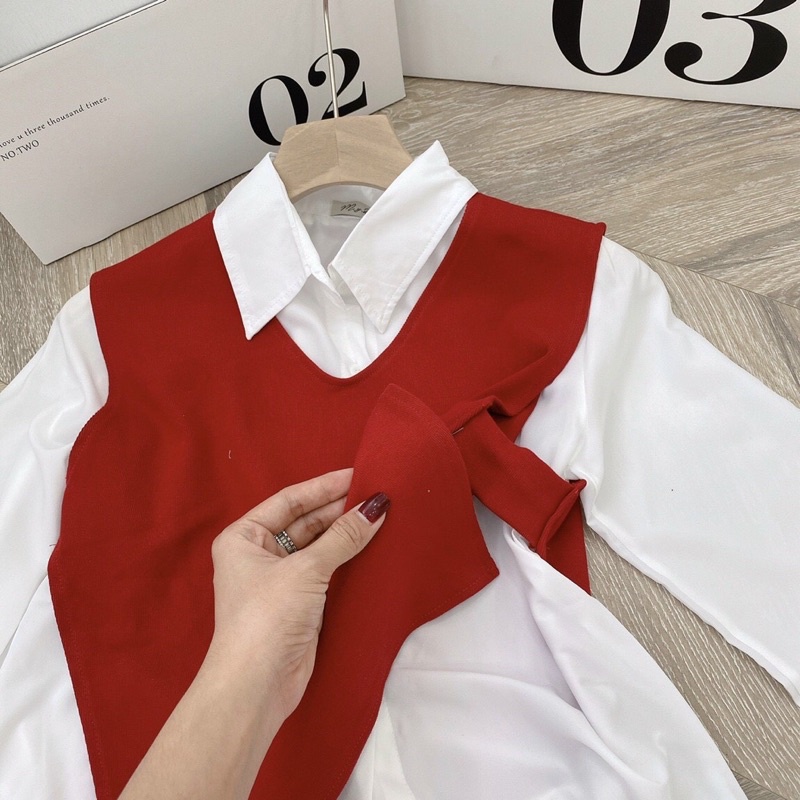 Set đầm nữ 3 món gile đỏ,áo sơ mi trăngs kèm chân váy,set váy nữ noel mùa giáng sinh đi chơi dự tiệc đều xinh