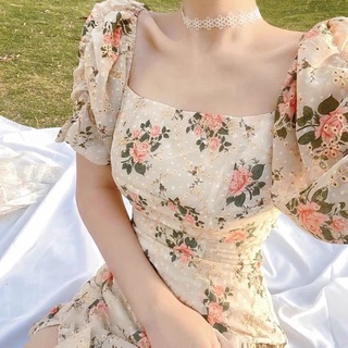 Váy Hoa Tay Bồng Xẻ Tà