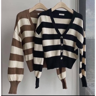 Áo khoác len cardigan kẻ ngang phối màu xinh