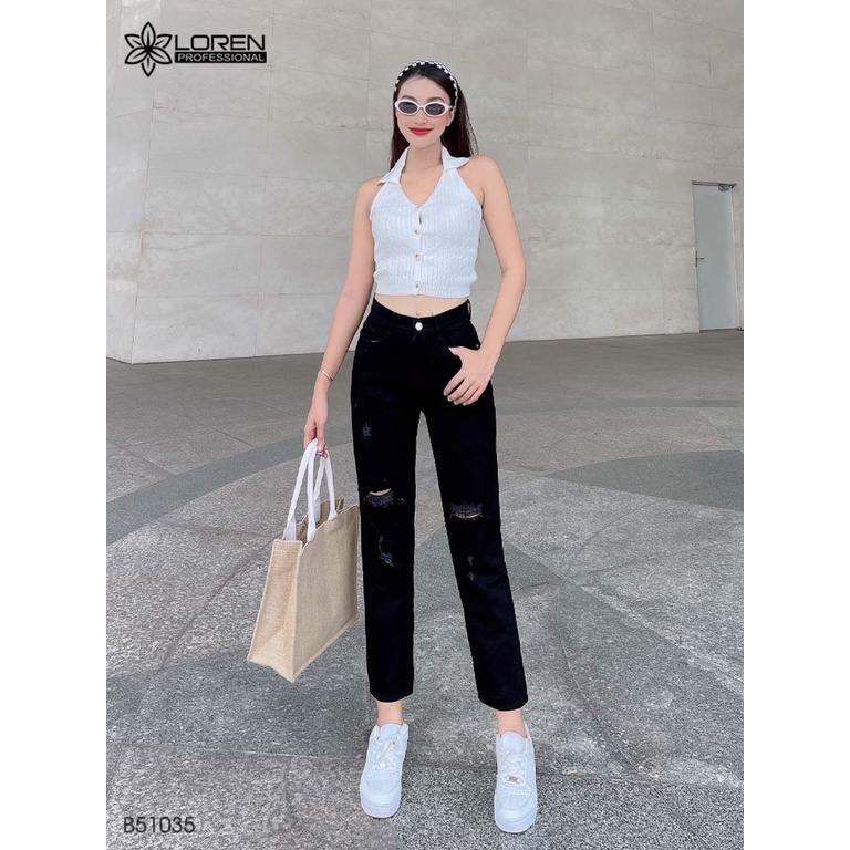 Quần Jean Nữ Baggy Rách Gối Màu Xanh Đẹp Hàng Cao Cấp B51035