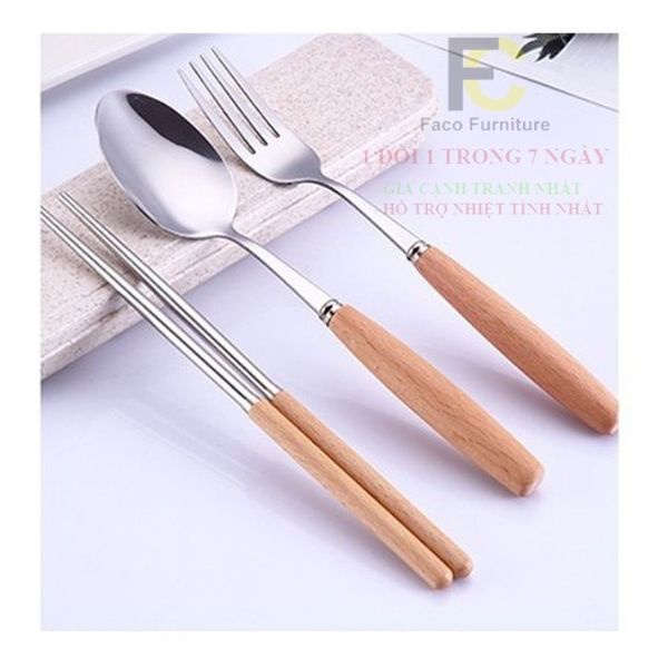 Bộ Đũa, Thìa, Dĩa Inox Cán Gỗ Tặng Kèm Hộp Đựng Lúa Mạch Cao Cấp an toàn với sức khỏe và môi trường