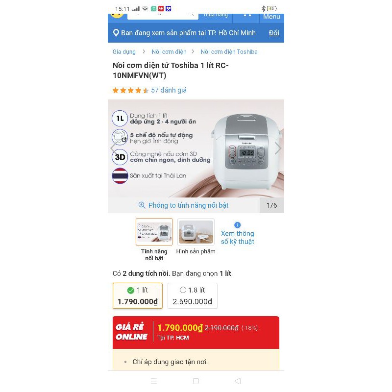 nồi cơm điện Toshiba 1lit sản xuất thái lan