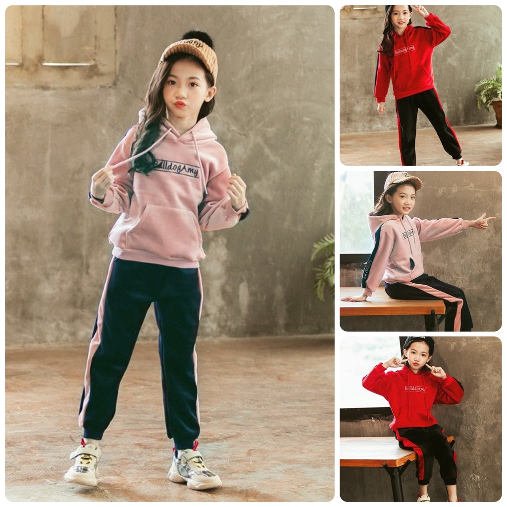 Bộ quần áo thu đông trẻ em 14-46kg dành cho bé gái mẫu Boll.doggg có mũ chất vải nỉ da cá loại 1