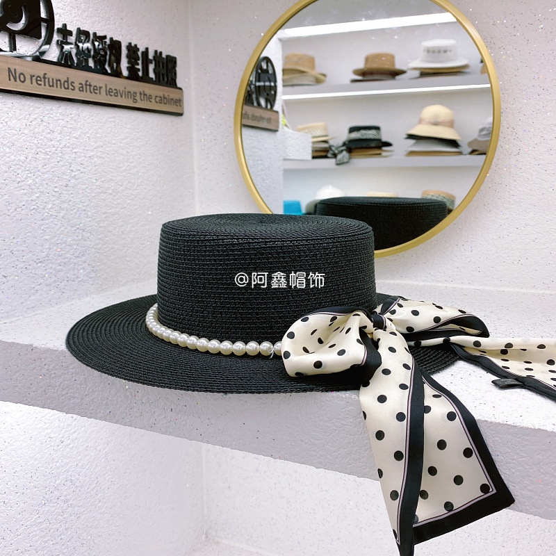 Mũ cói Gaucho đính dây ngọc - Ribbon lụa chấm bi - mẫu mới (đóng hộp)